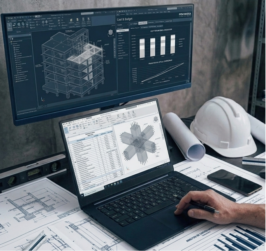 Estación de trabajo de ingeniería con modelado BIM y planos